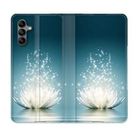 Housse cuir portefeuille Pour Samsung Galaxy A04S Fleur Lotus Blanc