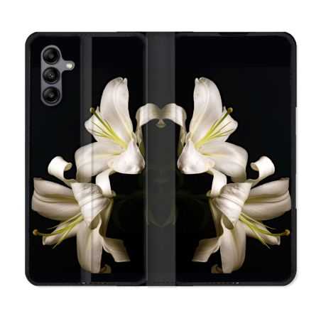 Housse cuir portefeuille Pour Samsung Galaxy A04S Fleur Lys Noir