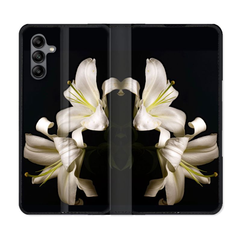 Housse cuir portefeuille Pour Samsung Galaxy A04S Fleur Lys Noir