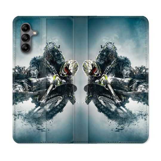 Housse cuir portefeuille Pour Samsung Galaxy A04S Moto Cross Ombre