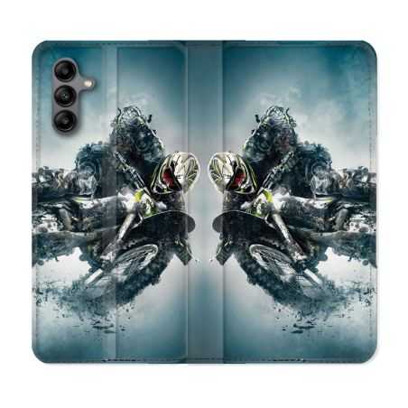 Housse cuir portefeuille Pour Samsung Galaxy A04S Moto Cross Ombre