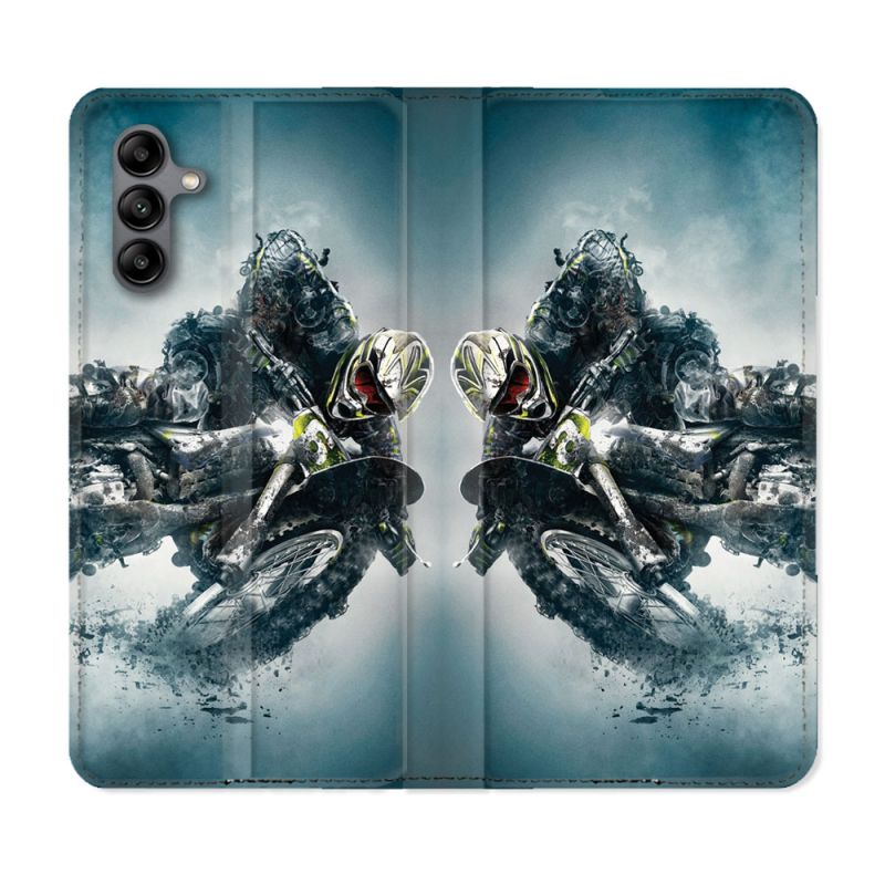 Housse cuir portefeuille Pour Samsung Galaxy A04S Moto Cross Ombre