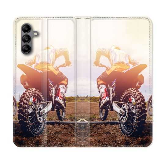 Housse cuir portefeuille Pour Samsung Galaxy A04S Moto Cross Soleil