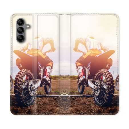 Housse cuir portefeuille Pour Samsung Galaxy A04S Moto Cross Soleil