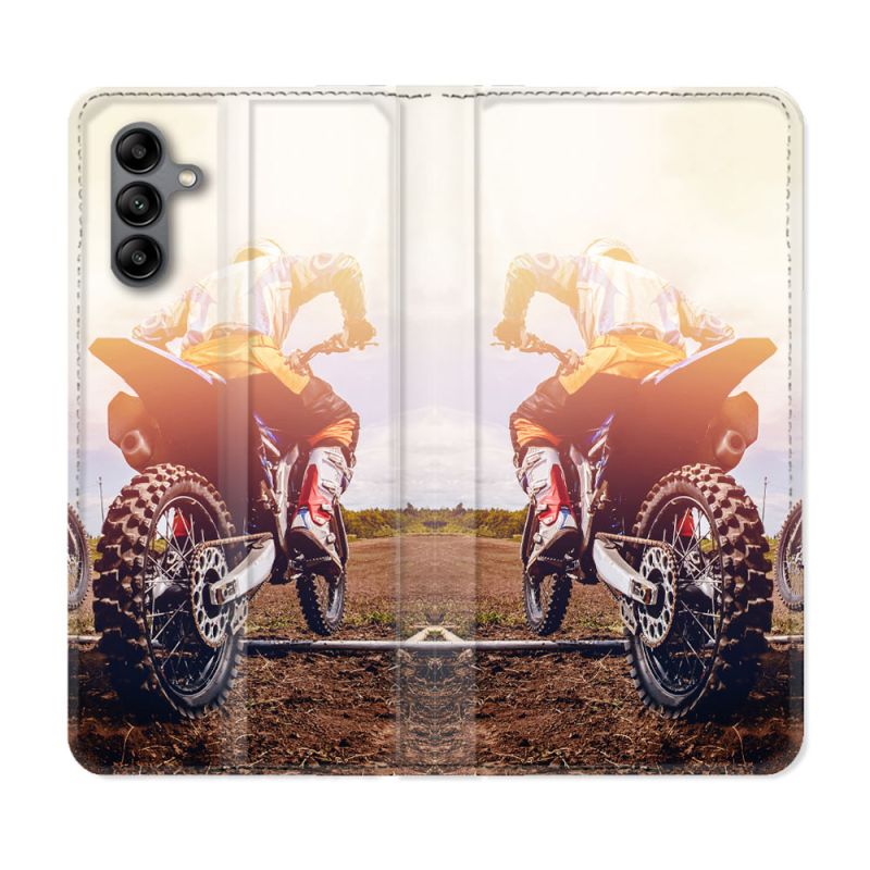 Housse cuir portefeuille Pour Samsung Galaxy A04S Moto Cross Soleil