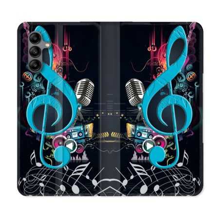Housse cuir portefeuille Pour Samsung Galaxy A04S Musique Cle Sol Bleu