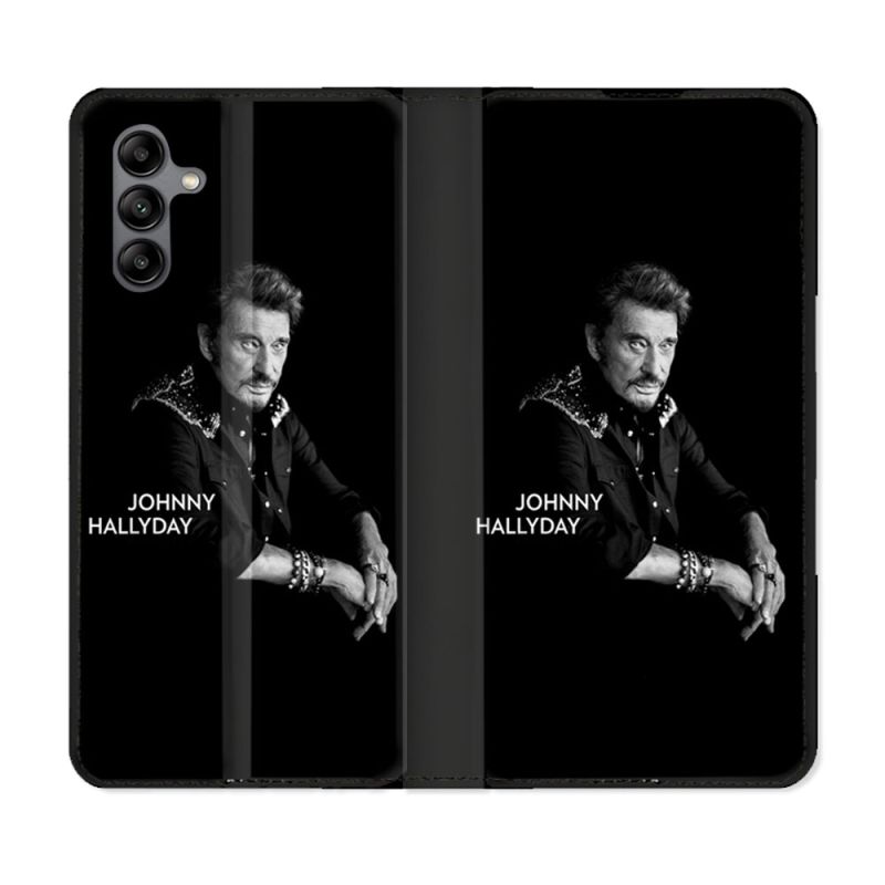 Housse cuir portefeuille Pour Samsung Galaxy A04S Musique Johnny Hallyday Noir
