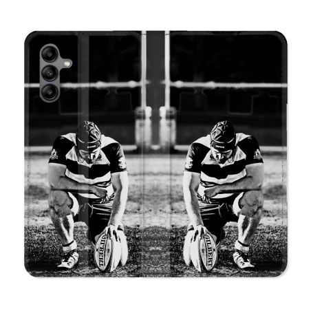 Housse cuir portefeuille Pour Samsung Galaxy A04S Sport Rugby Noir Blanc