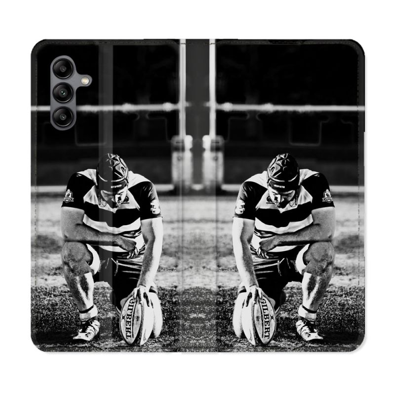 Housse cuir portefeuille Pour Samsung Galaxy A04S Sport Rugby Noir Blanc