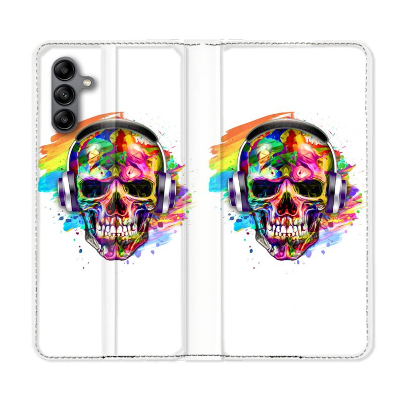 Housse cuir portefeuille Pour Samsung Galaxy A04S Tete de Mort Tag