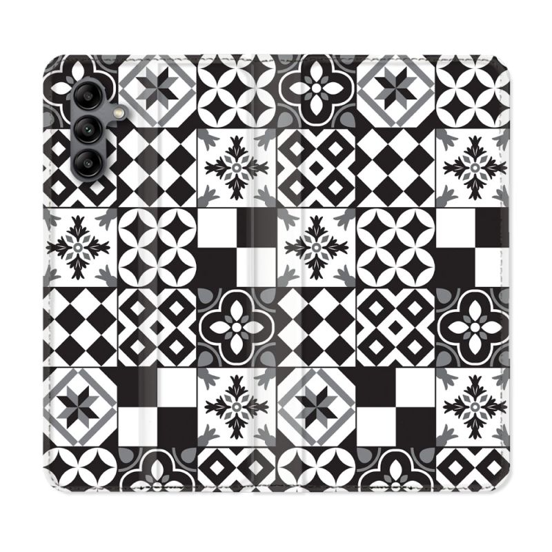 Housse cuir portefeuille Pour Samsung Galaxy A04S Texture Carreau Ciment Noir