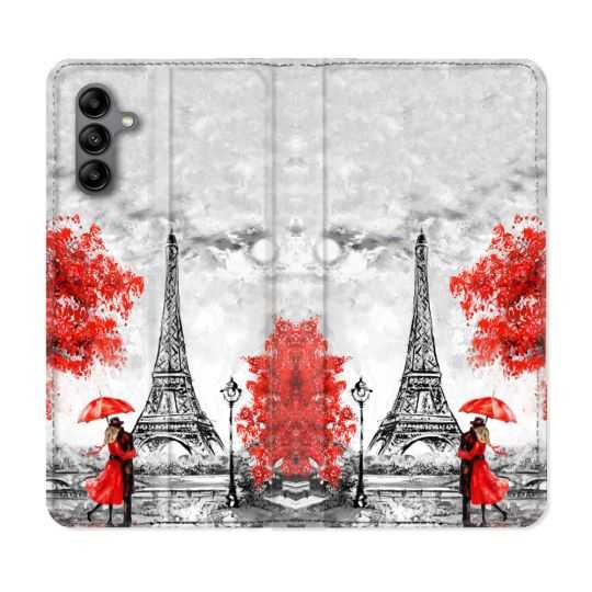 Housse cuir portefeuille Pour Samsung Galaxy A04S Voyage France Paris Rouge