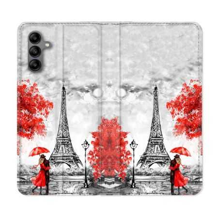 Housse cuir portefeuille Pour Samsung Galaxy A04S Voyage France Paris Rouge