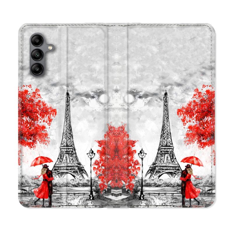 Housse cuir portefeuille Pour Samsung Galaxy A04S Voyage France Paris Rouge