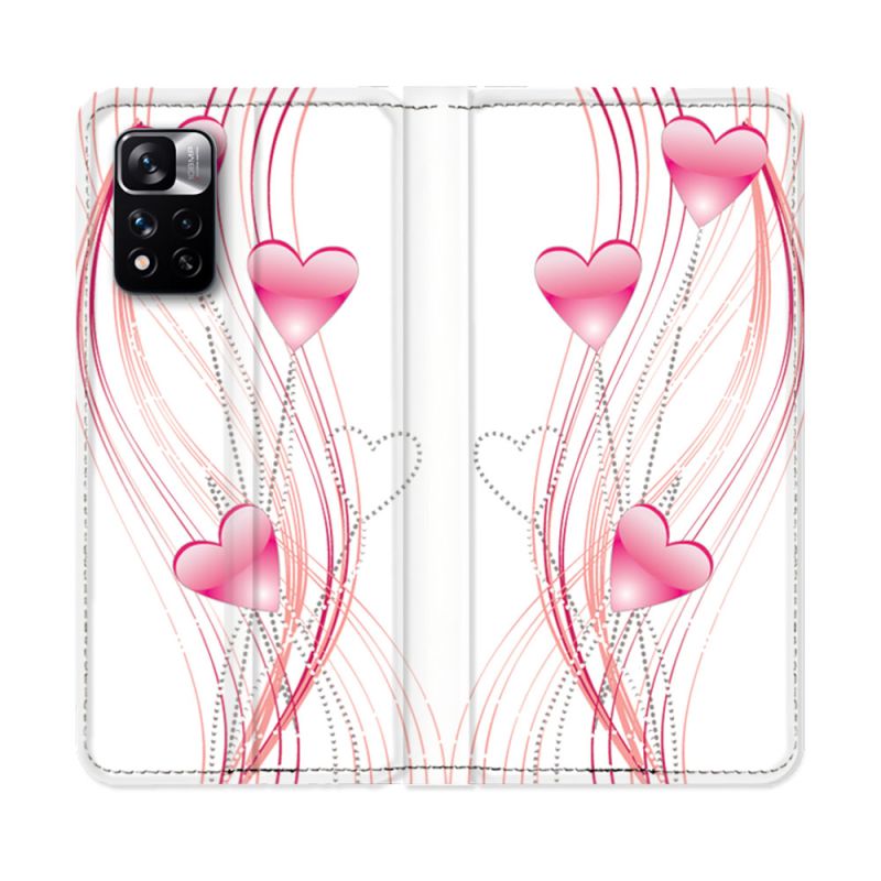 Housse cuir portefeuille Pour Xiaomi Redmi Note 11 Pro / 11 Pro 5G Amour Coeur Rose Montant sur Blanc