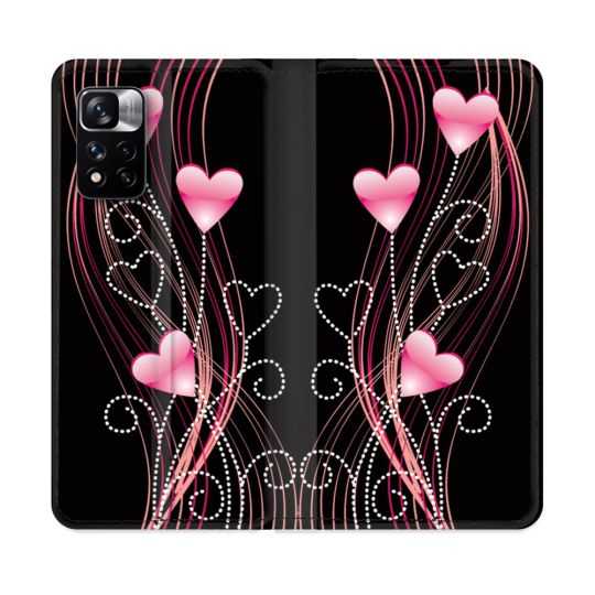 Housse cuir portefeuille Pour Xiaomi Redmi Note 11 Pro / 11 Pro 5G Amour Coeur Rose Montant sur Noir