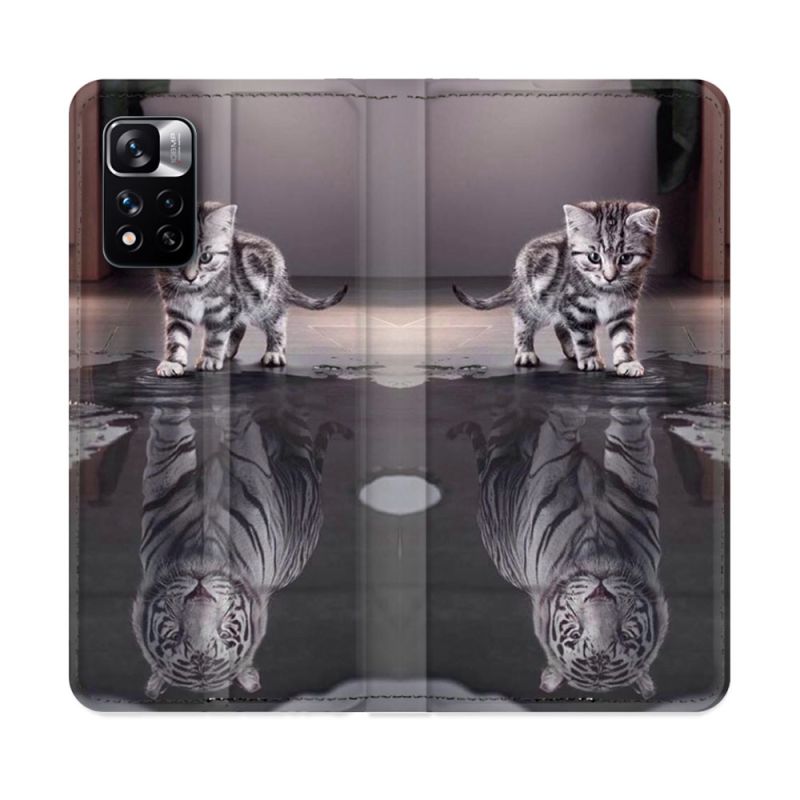 Housse cuir portefeuille Pour Xiaomi Redmi Note 11 Pro / 11 Pro 5G Animal Chat Reflet