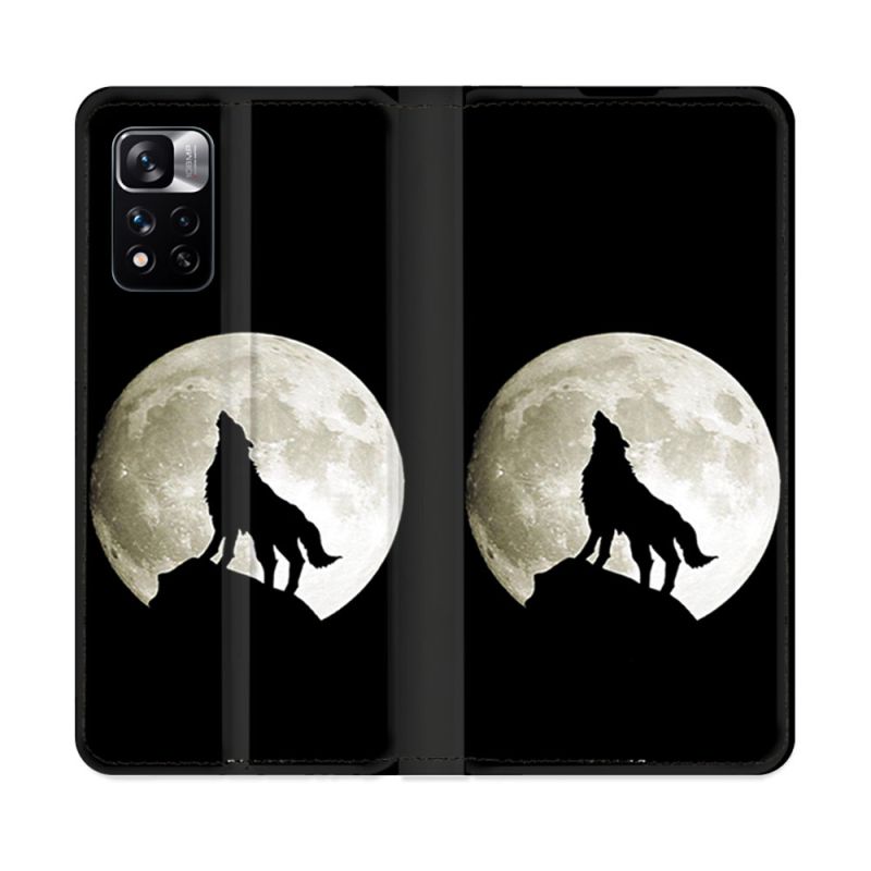 Housse cuir portefeuille Pour Xiaomi Redmi Note 11 Pro / 11 Pro 5G Animal Loup Noir