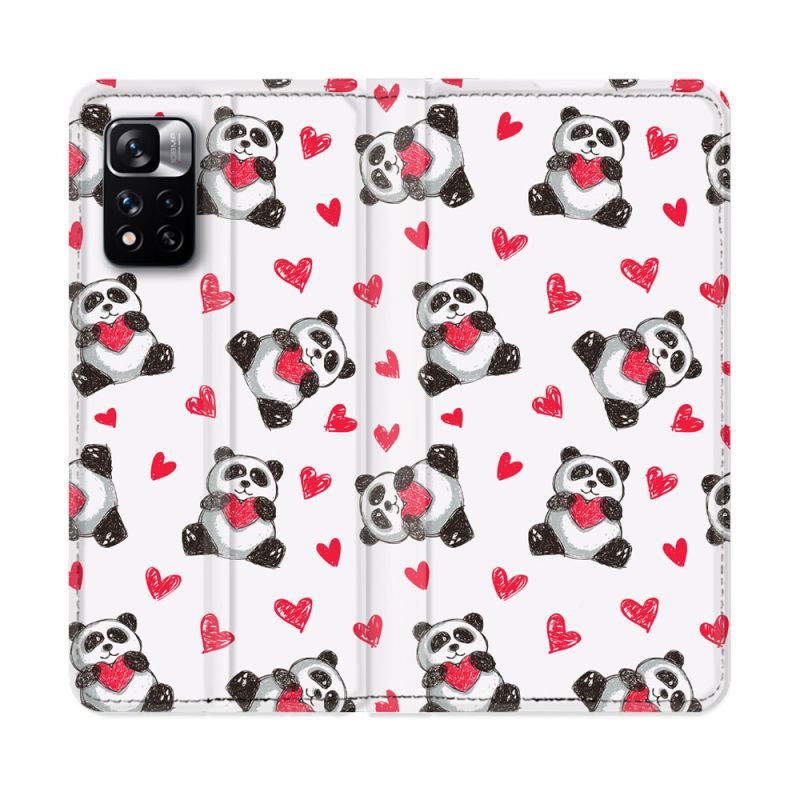 Housse cuir portefeuille Pour Xiaomi Redmi Note 11 Pro / 11 Pro 5G Animal Panda Cœur