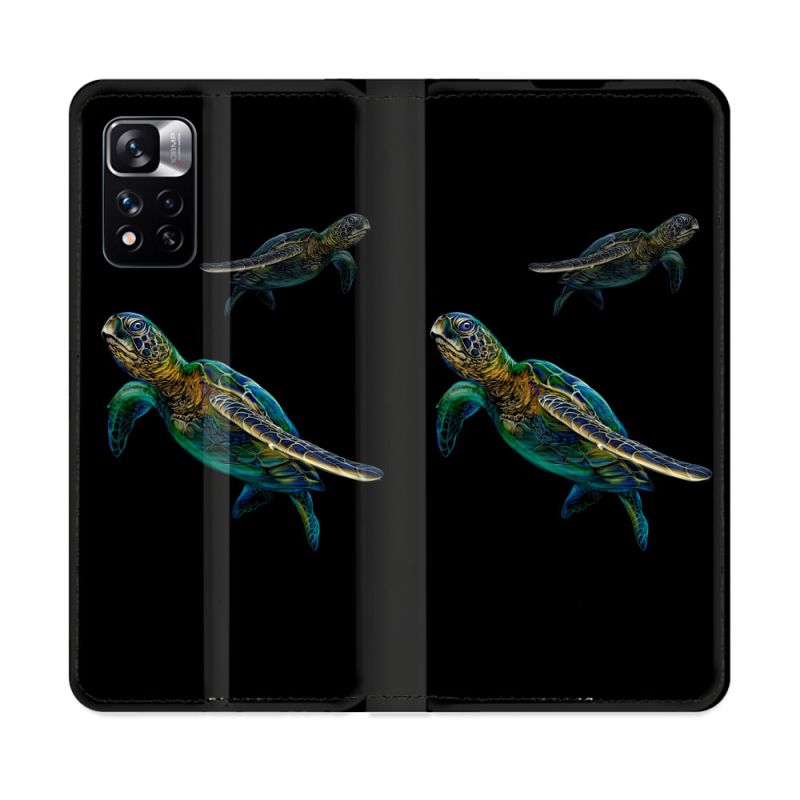 Housse cuir portefeuille Pour Xiaomi Redmi Note 11 Pro / 11 Pro 5G Animal Tortue Noire multicolore