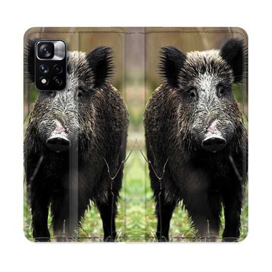 Housse cuir portefeuille Pour Xiaomi Redmi Note 11 Pro / 11 Pro 5G Chasse Sanglier bois
