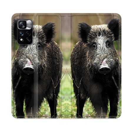 Housse cuir portefeuille Pour Xiaomi Redmi Note 11 Pro / 11 Pro 5G Chasse Sanglier bois