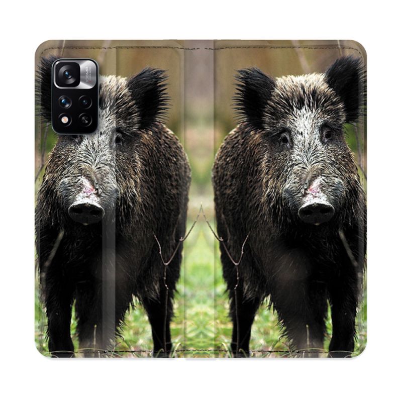 Housse cuir portefeuille Pour Xiaomi Redmi Note 11 Pro / 11 Pro 5G Chasse Sanglier bois