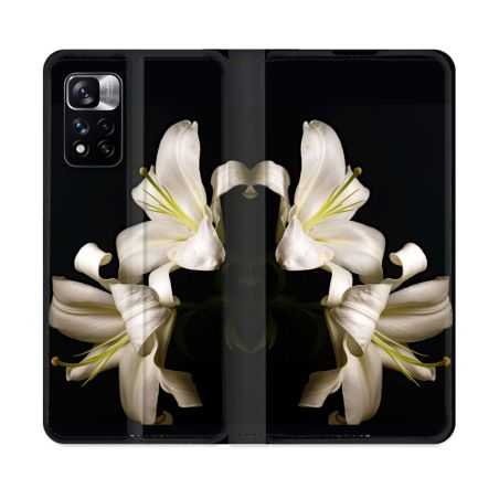 Housse cuir portefeuille Pour Xiaomi Redmi Note 11 Pro / 11 Pro 5G Fleur Lys Noir