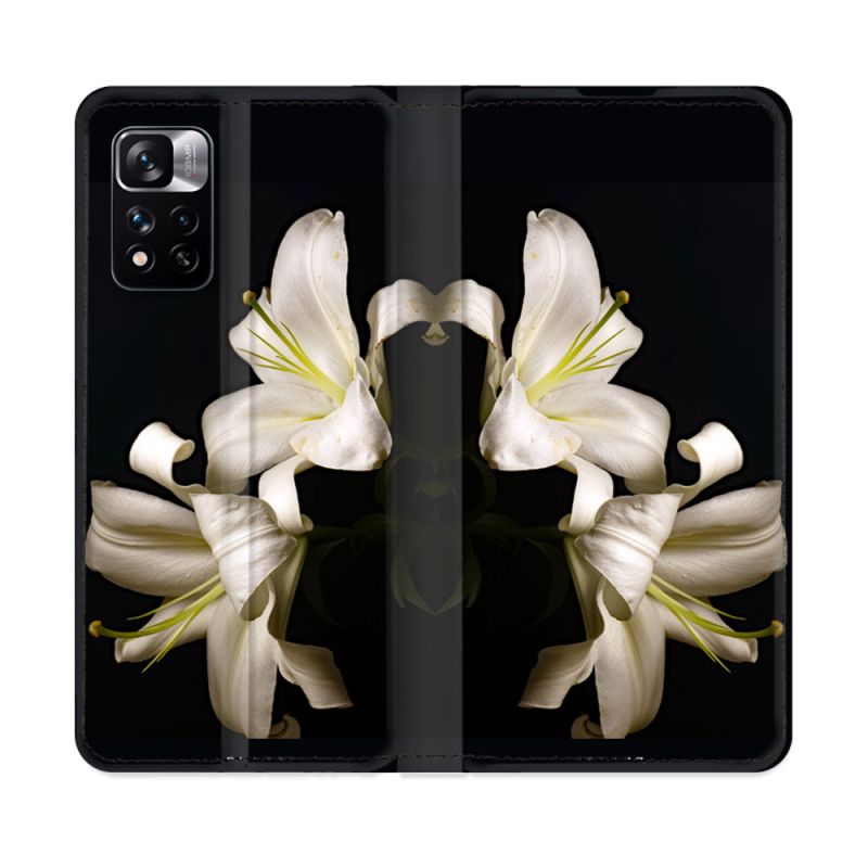Housse cuir portefeuille Pour Xiaomi Redmi Note 11 Pro / 11 Pro 5G Fleur Lys Noir