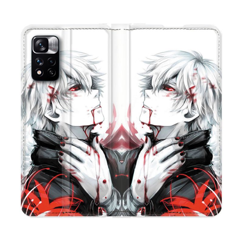 Housse cuir portefeuille Pour Xiaomi Redmi Note 11 Pro / 11 Pro 5G Manga Tokyo Ghoul Kaneki Blanc