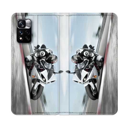 Housse cuir portefeuille Pour Xiaomi Redmi Note 11 Pro / 11 Pro 5G Moto Course GP Blanche