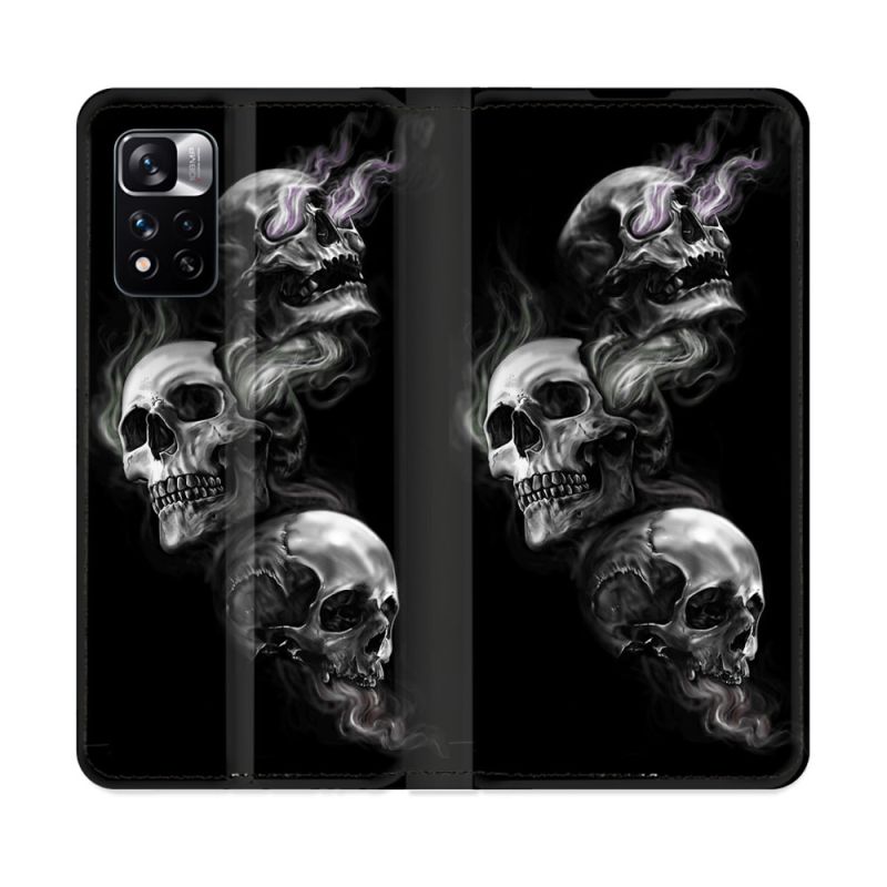 Housse cuir portefeuille Pour Xiaomi Redmi Note 11 Pro / 11 Pro 5G Tete de Mort Triple