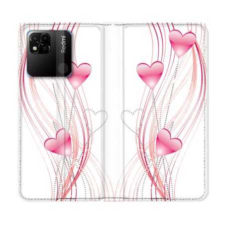 Housse cuir portefeuille Pour Xiaomi Redmi 10A Amour Coeur Rose Montant sur Blanc