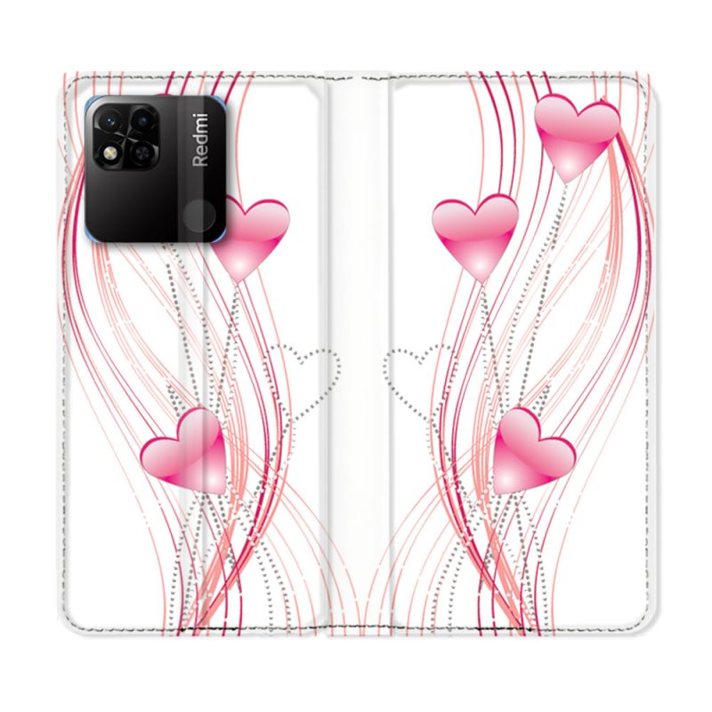 Housse cuir portefeuille Pour Xiaomi Redmi 10A Amour Coeur Rose Montant sur Blanc