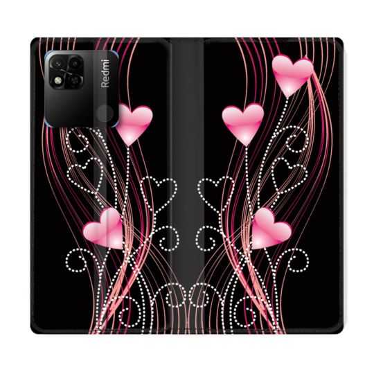 Housse cuir portefeuille Pour Xiaomi Redmi 10A Amour Coeur Rose Montant sur Noir