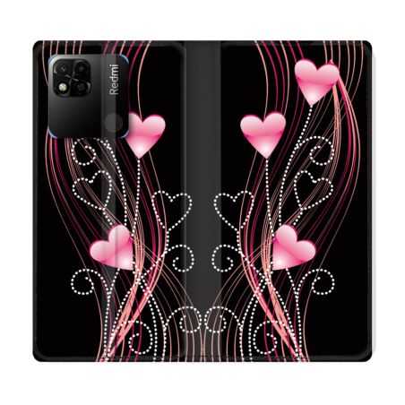 Housse cuir portefeuille Pour Xiaomi Redmi 10A Amour Coeur Rose Montant sur Noir