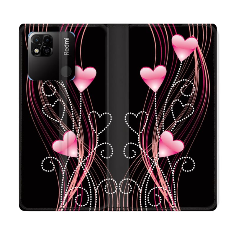 Housse cuir portefeuille Pour Xiaomi Redmi 10A Amour Coeur Rose Montant sur Noir