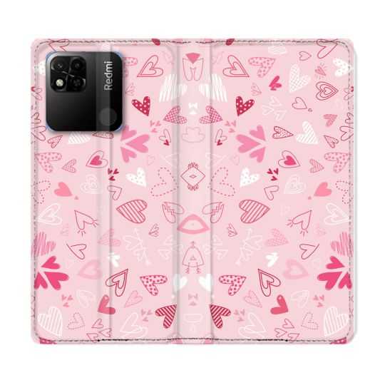 Housse cuir portefeuille Pour Xiaomi Redmi 10A Amour Ptis Coeurs