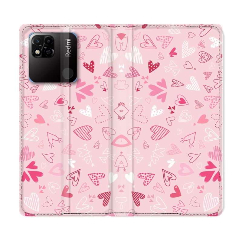 Housse cuir portefeuille Pour Xiaomi Redmi 10A Amour Ptis Coeurs