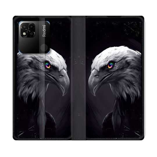 Housse cuir portefeuille Pour Xiaomi Redmi 10A Animal Aigle Royal Noir