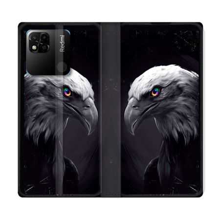 Housse cuir portefeuille Pour Xiaomi Redmi 10A Animal Aigle Royal Noir
