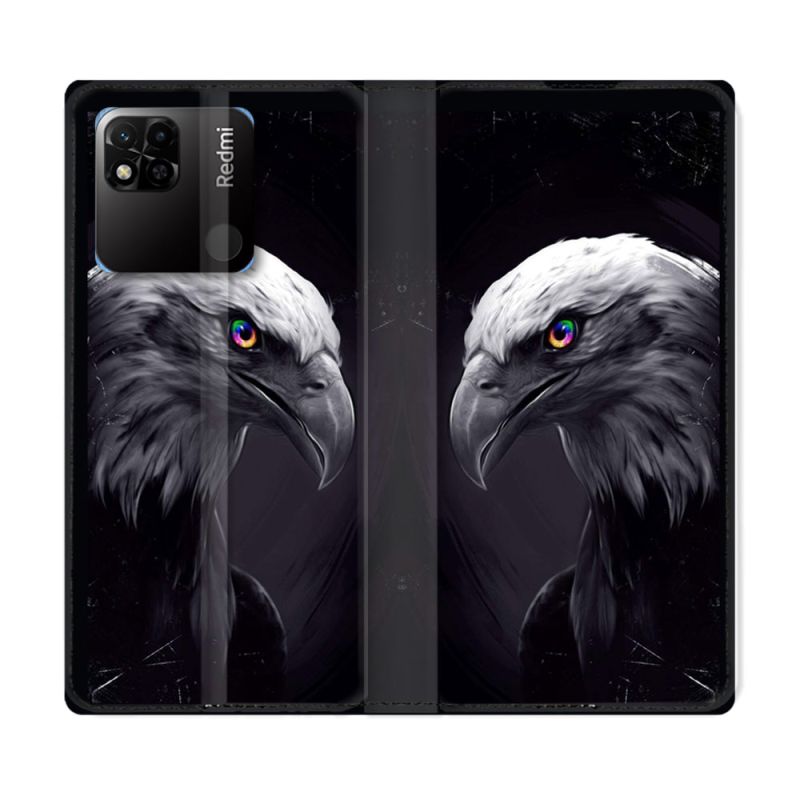 Housse cuir portefeuille Pour Xiaomi Redmi 10A Animal Aigle Royal Noir