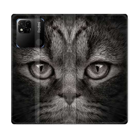 Housse cuir portefeuille Pour Xiaomi Redmi 10A Animal Chat Gris