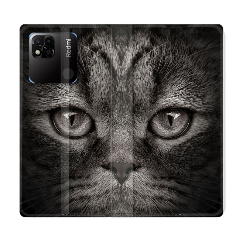 Housse cuir portefeuille Pour Xiaomi Redmi 10A Animal Chat Gris