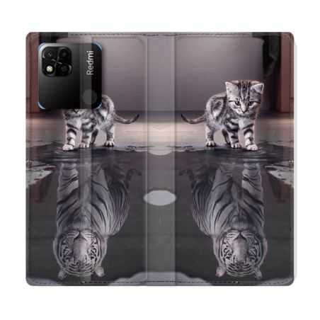 Housse cuir portefeuille Pour Xiaomi Redmi 10A Animal Chat Reflet