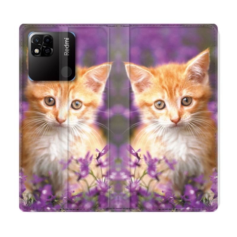 Housse cuir portefeuille Pour Xiaomi Redmi 10A Animal Chat Violet