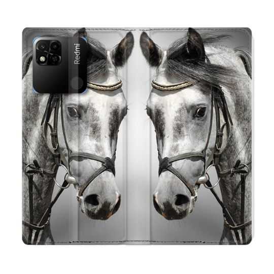 Housse cuir portefeuille Pour Xiaomi Redmi 10A Animal Cheval Blanc