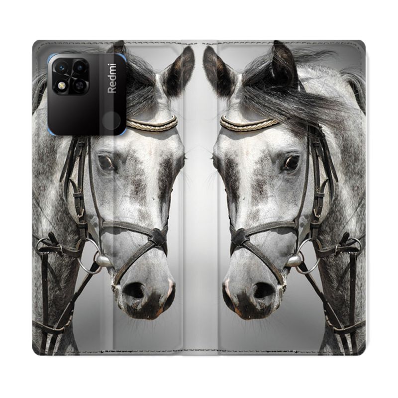 Housse cuir portefeuille Pour Xiaomi Redmi 10A Animal Cheval Blanc