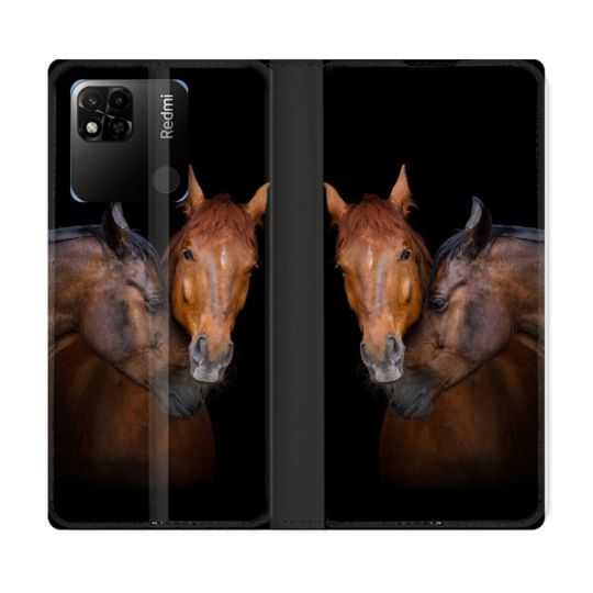 Housse cuir portefeuille Pour Xiaomi Redmi 10A Animal Cheval Marron