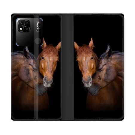 Housse cuir portefeuille Pour Xiaomi Redmi 10A Animal Cheval Marron